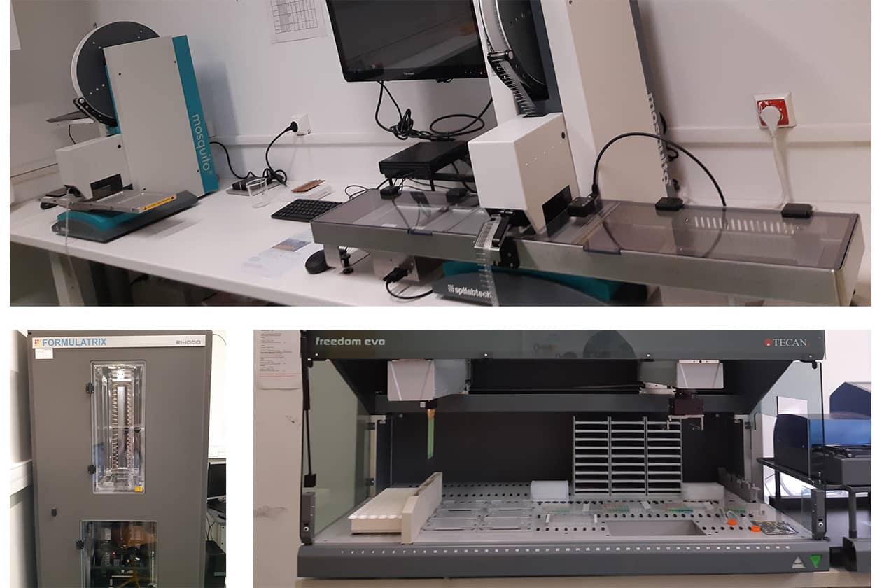 <hr>Plateau de cristallogenèse avec les robots Mosquito, XTAL 3, Rock Imager Formulatrix et EVO 150 Tecan.