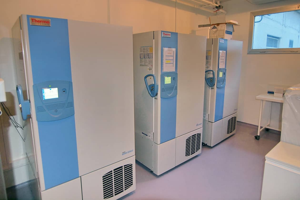<hr>Enceintes réfrigérées à -80°C et -30°C pour le stockage de tubes.