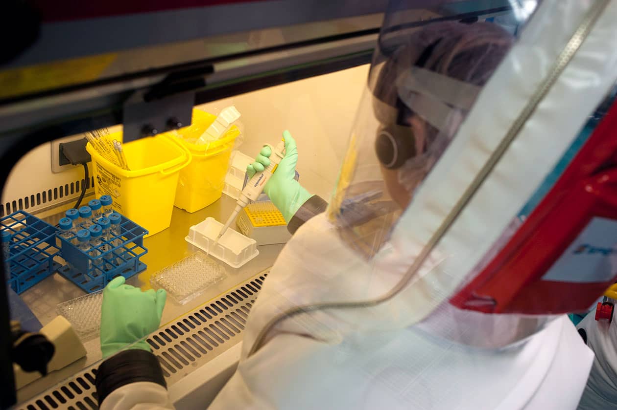 <hr>Travail sous PSM de type II en zone NSB4. ©Inserm, P. Latron.
