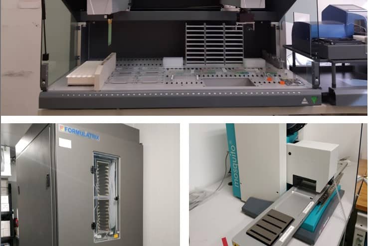 <hr>Plateau de cristallogenèse avec les robots Tecan EVO 100, Rock Imager Formulatrix et Mosquito.
