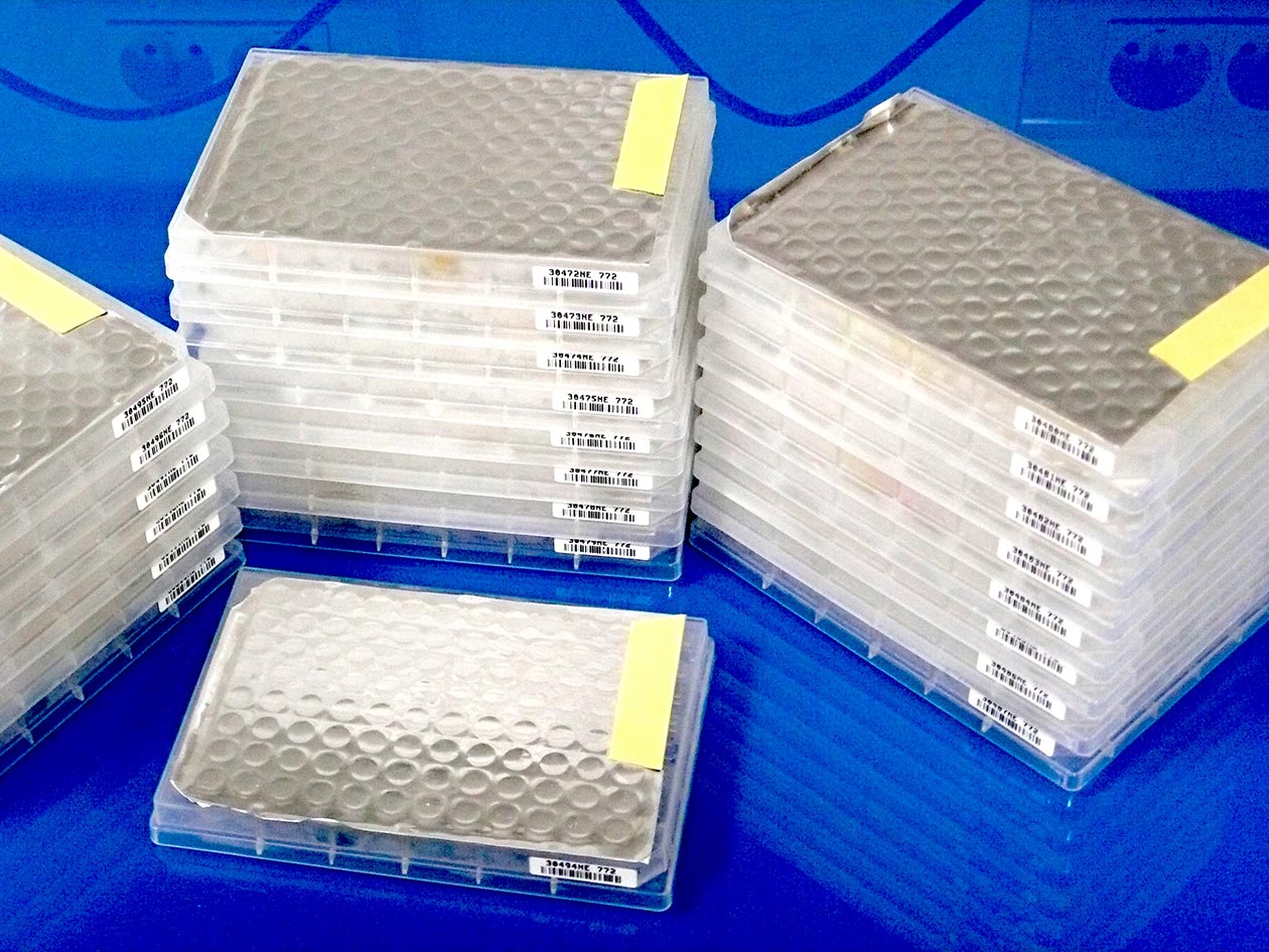 <hr>Les composés chimiques dissous dans du DMSO sont stockés en plaques 96 puits (ou 384 puits) pour constituer les chimiothèques.