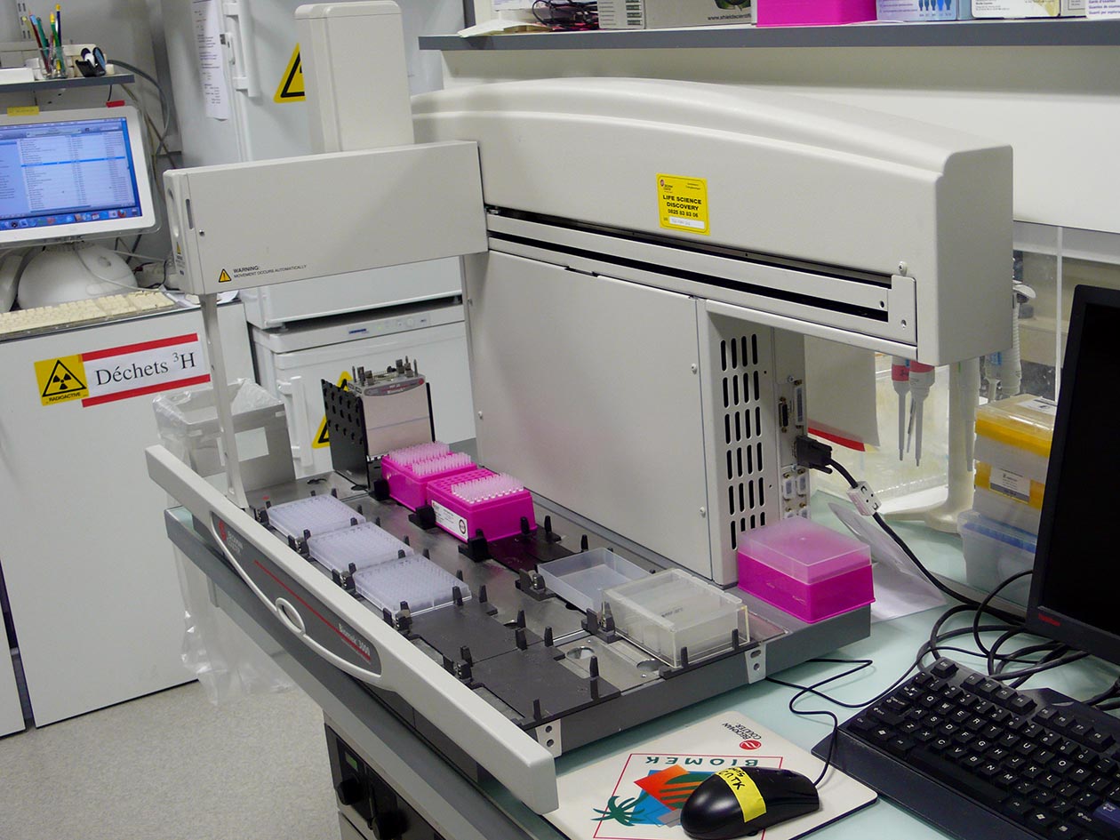<hr>Criblage robotisé de chimiothèques sur des tests d’activité radioactifs (3H) avec des enzymes virales (polymérases ou méthyltransférases).