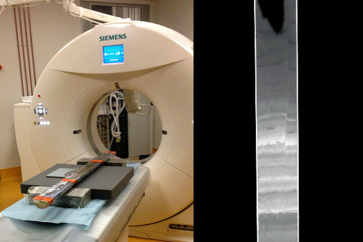 <hr>CT-scan avec carotte de sol permettant de mettre en évidence des transitions sédimentaires sous la forme de changements de densité du signal et d’attribuer une origine après datation.