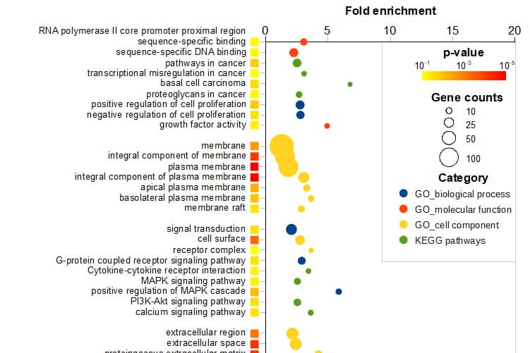 <hr>Représentation en guirlande lumineuse de la sur-représentation de termes Gene Ontology dans une liste de gènes différentiellement exprimés.