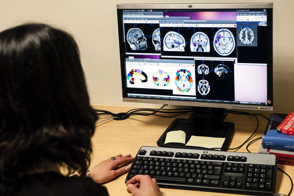 <hr>Les utilisateurs traitent leurs données d'imagerie sur les ordinateurs mis à leur disposition par la plateforme. © Inserm, P. Latron.