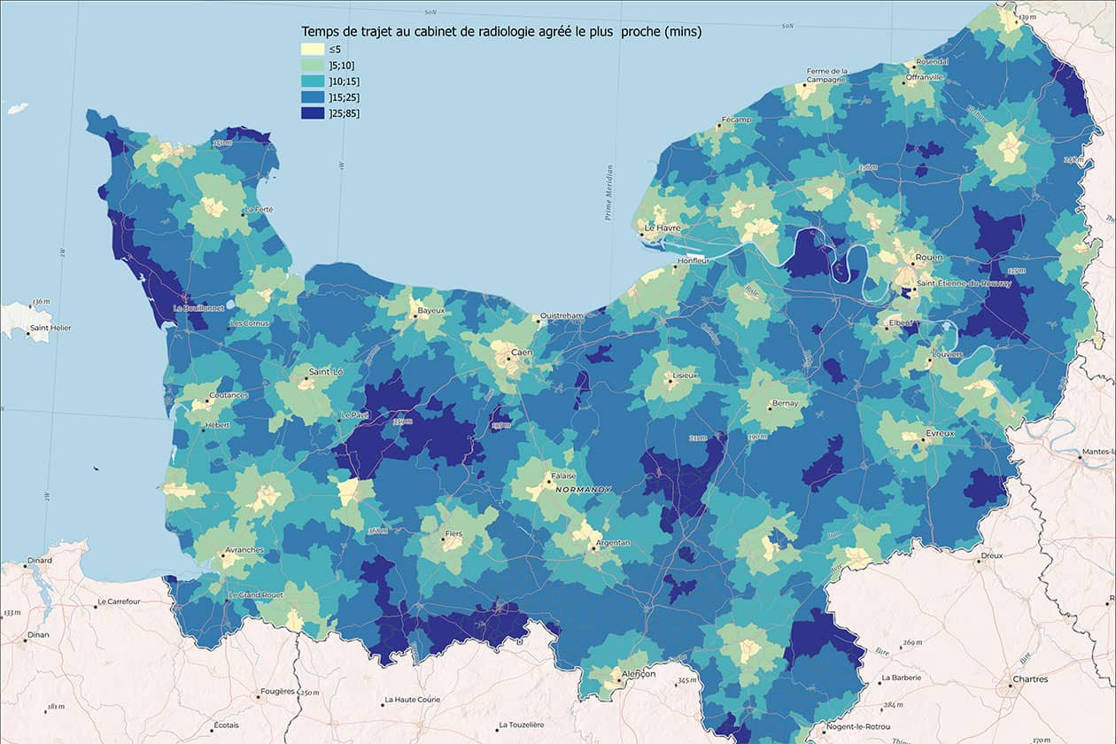 <hr>Estimation du temps de trajet jusqu’au cabinet de radiologie agréé le plus proche pour le dépistage du cancer du sein. Plus la couleur est foncée, plus la distance est élevée.