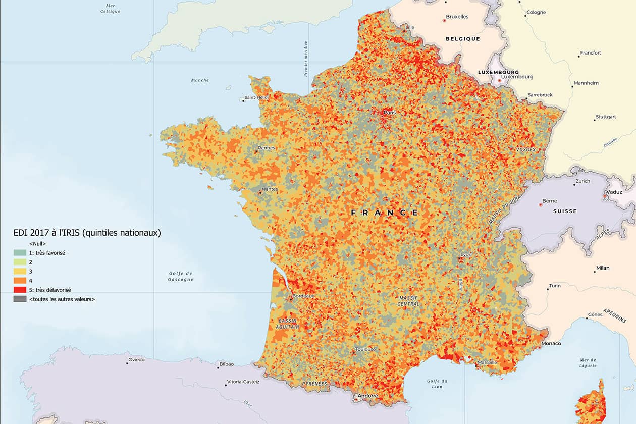 <hr>Indice européen de défaveur (EDI) 2017 pour les IRIS de France métropolitaine. Plus le quintile est élevé (en rouge), plus l’IRIS est défavorisé.