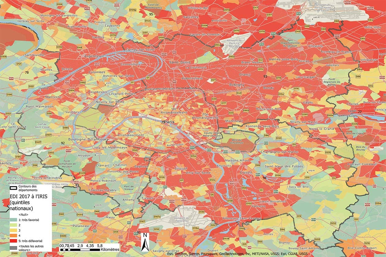 <hr>Indice européen de défaveur (EDI) 2017 pour les IRIS de l’Île-de-France. Plus le quintile est élevé (en rouge), plus l’IRIS est défavorisé.