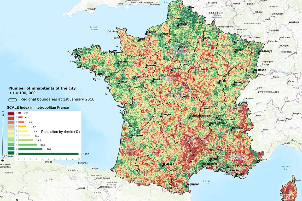 <hr>Indice d’accessibilité aux soins de premier recours (SCALE) en France métropolitaine. Plus le décile est élevé (en rouge), plus l’accessibilité est faible.