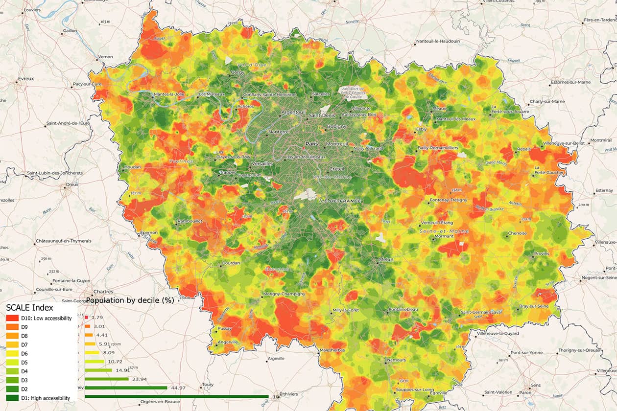 <hr>Indice d’accessibilité aux soins de premier recours (SCALE) en Île-de-France. Plus le décile est élevé (en rouge), plus l’accessibilité est faible.