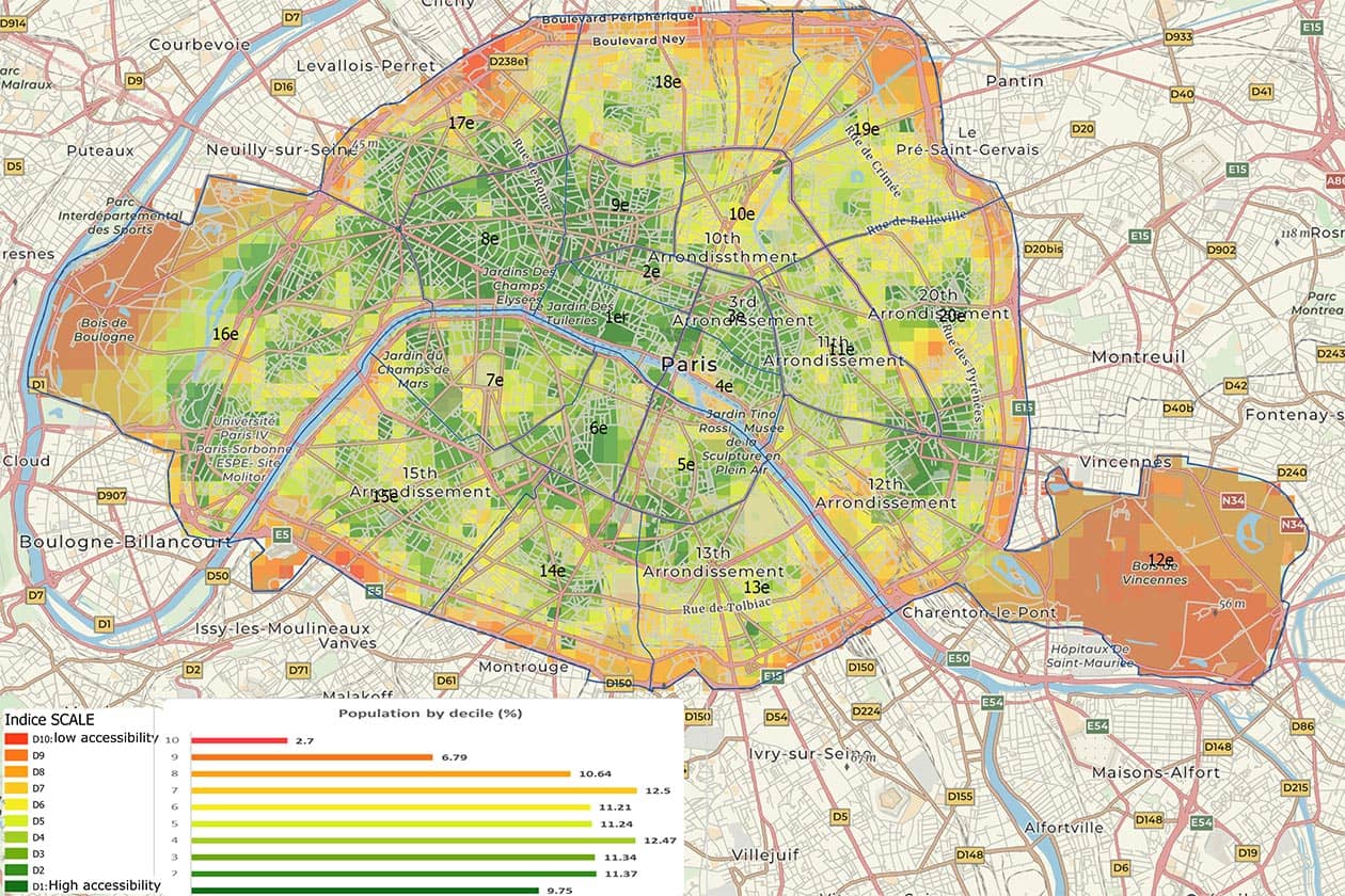 <hr>Indice d’accessibilité aux soins de premier recours (SCALE) à Paris. Plus le décile est élevé (en rouge), plus l’accessibilité est faible.